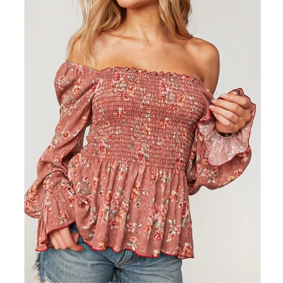 Mauve floral boho smocked off the shoulder lantern sleeve peplum babydoll top - Picture 2 of 6
